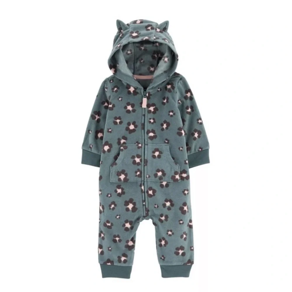 Baby Girl Carter's Leopard Fleece Long Sleeve Hooded Romper bunting 6m onesie